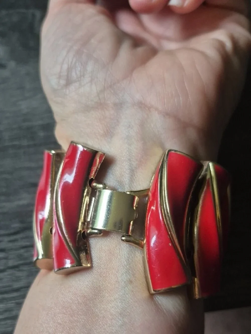 Vintage Red Enamel Metal Bracelet 6.75